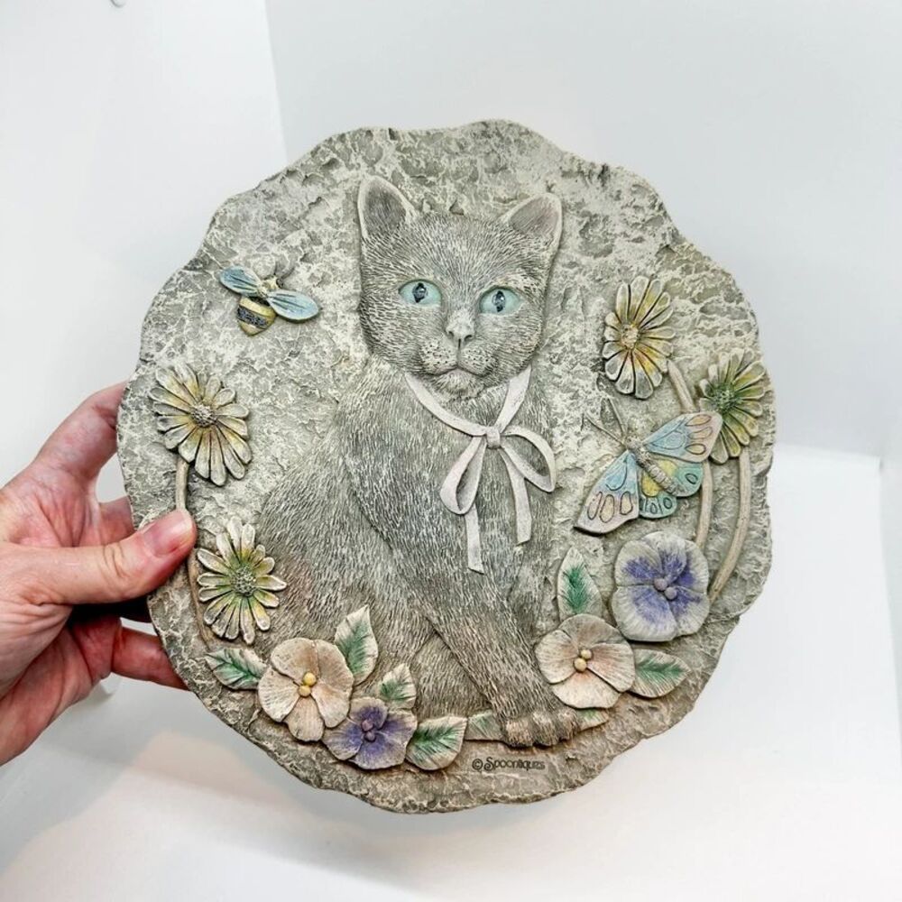 Vintage Spoontiques Resin Cat Garden Stepping Stone Wall Art 3D Flowers
